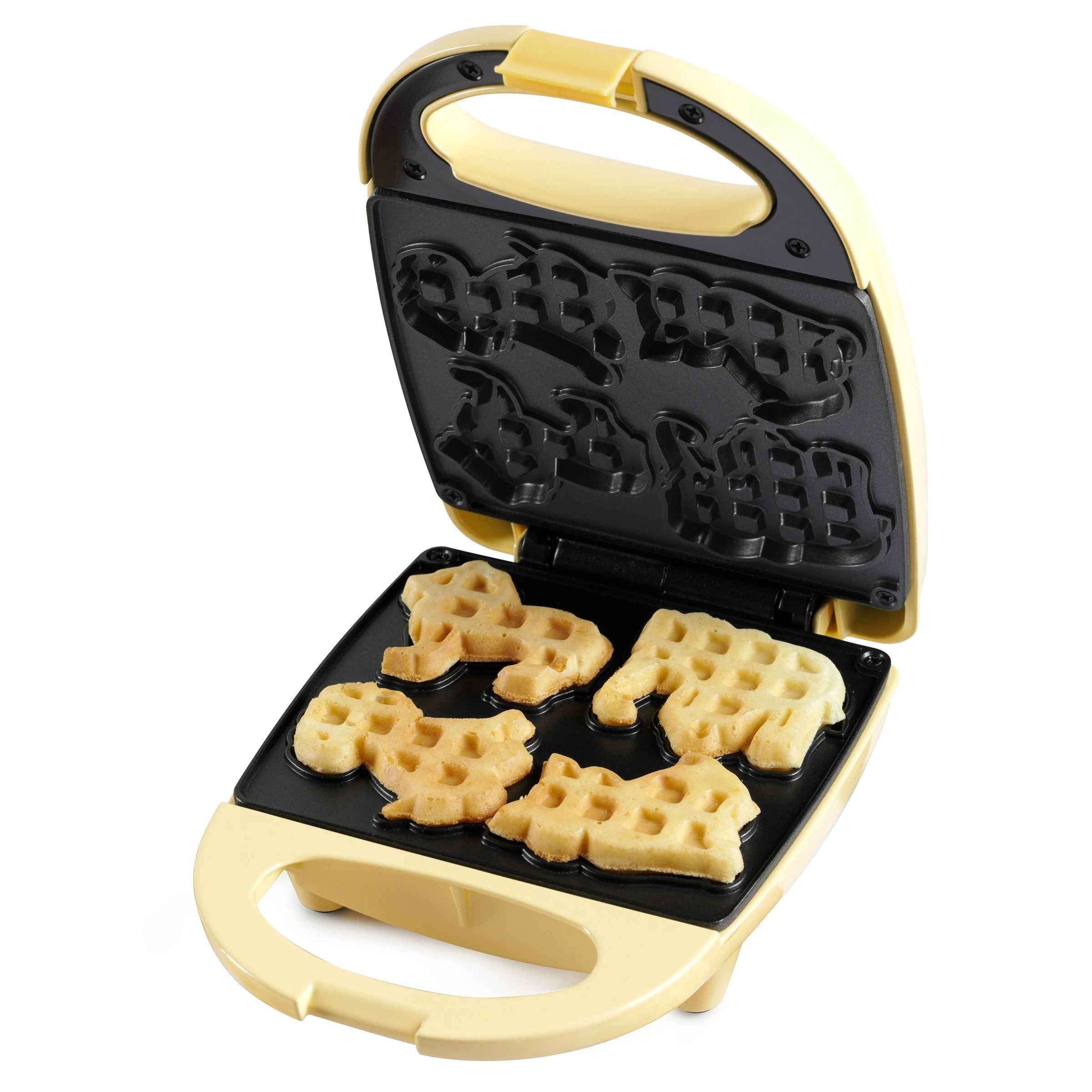Exact yellow MANWFL4YW manufacturer product photograph, open with four animal wells and demonstration waffles.