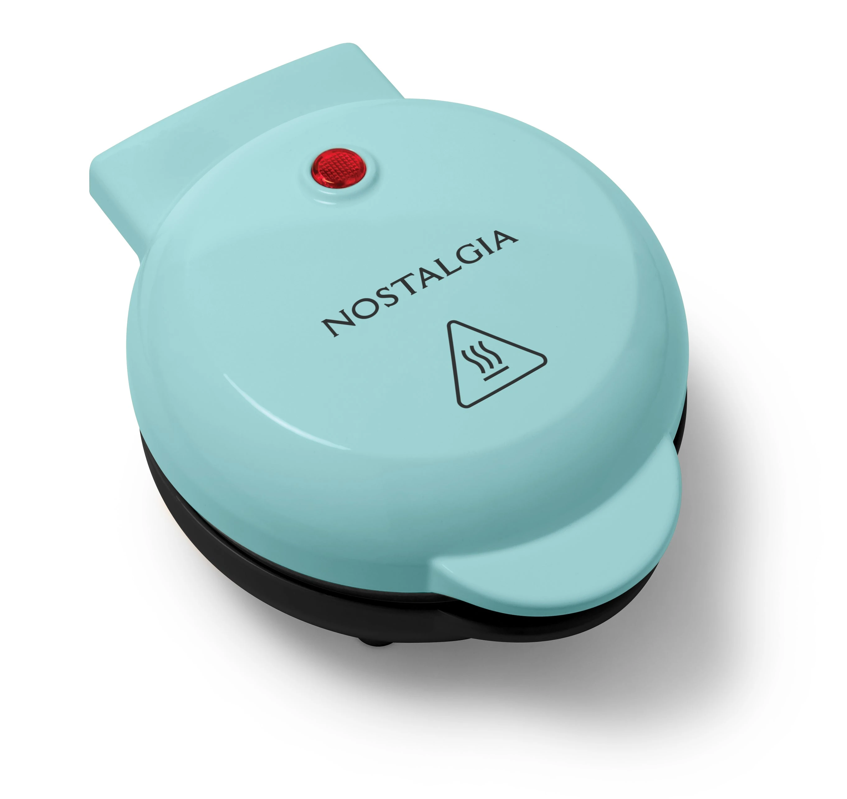 Nostalgia MWF5AQ Aqua round waffle maker closed with red heating indicator