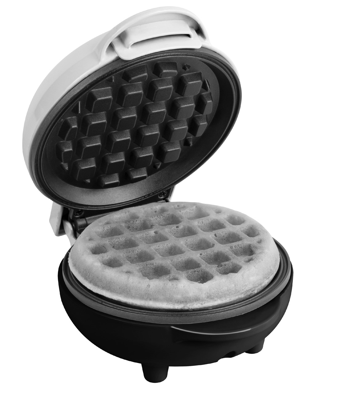 Gaufrier MyMini Nostalgia MWF5TLWM représenté ouvert dans une image en niveaux de gris intégrée au manuel exact du fabricant ; un emplacement de cuisson rond.